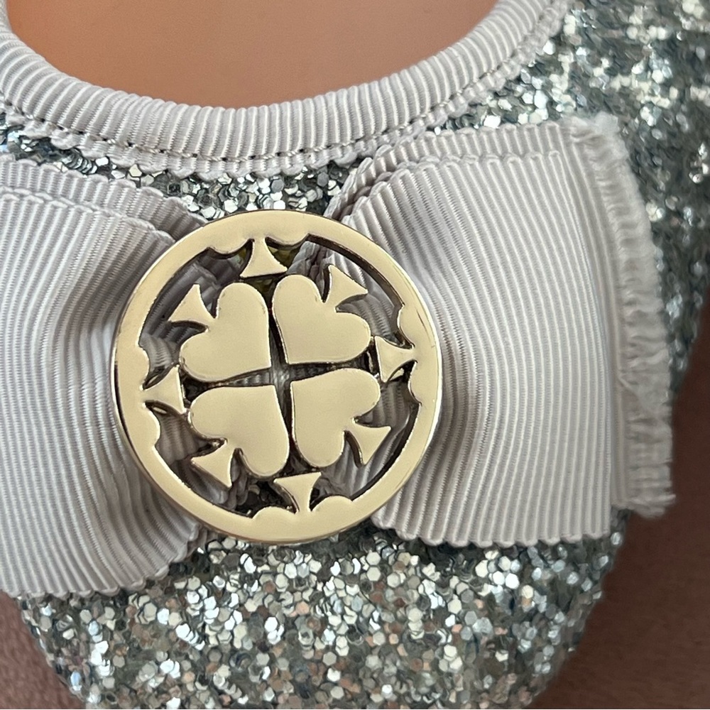 kate spade silver glitter ballet flats with bow and gold medallion - Picture 5 of 7